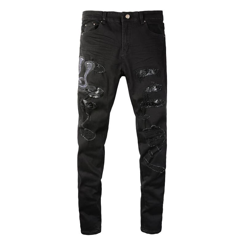Men Snake Embroidery Jeans Skinny Tapered Stretch Denim Pants Streetwear Holes Ripped Leather Patch Patchwork Trousers