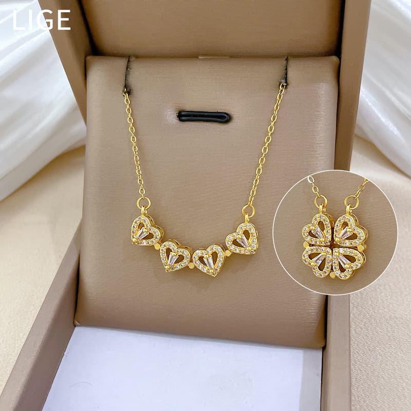 【 】 Women's New Necklace, Two Piece To Heart Opening Four Leaf Flower Full Diamond Versatile Clavicle Chain, Titanium
