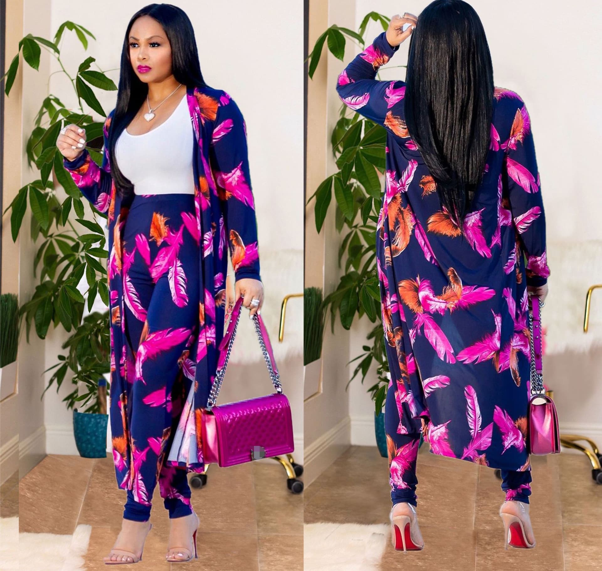 Spot goods! K8576 Hot selling European and American sexy printed cardigan long sleeved two piece nightclub suit