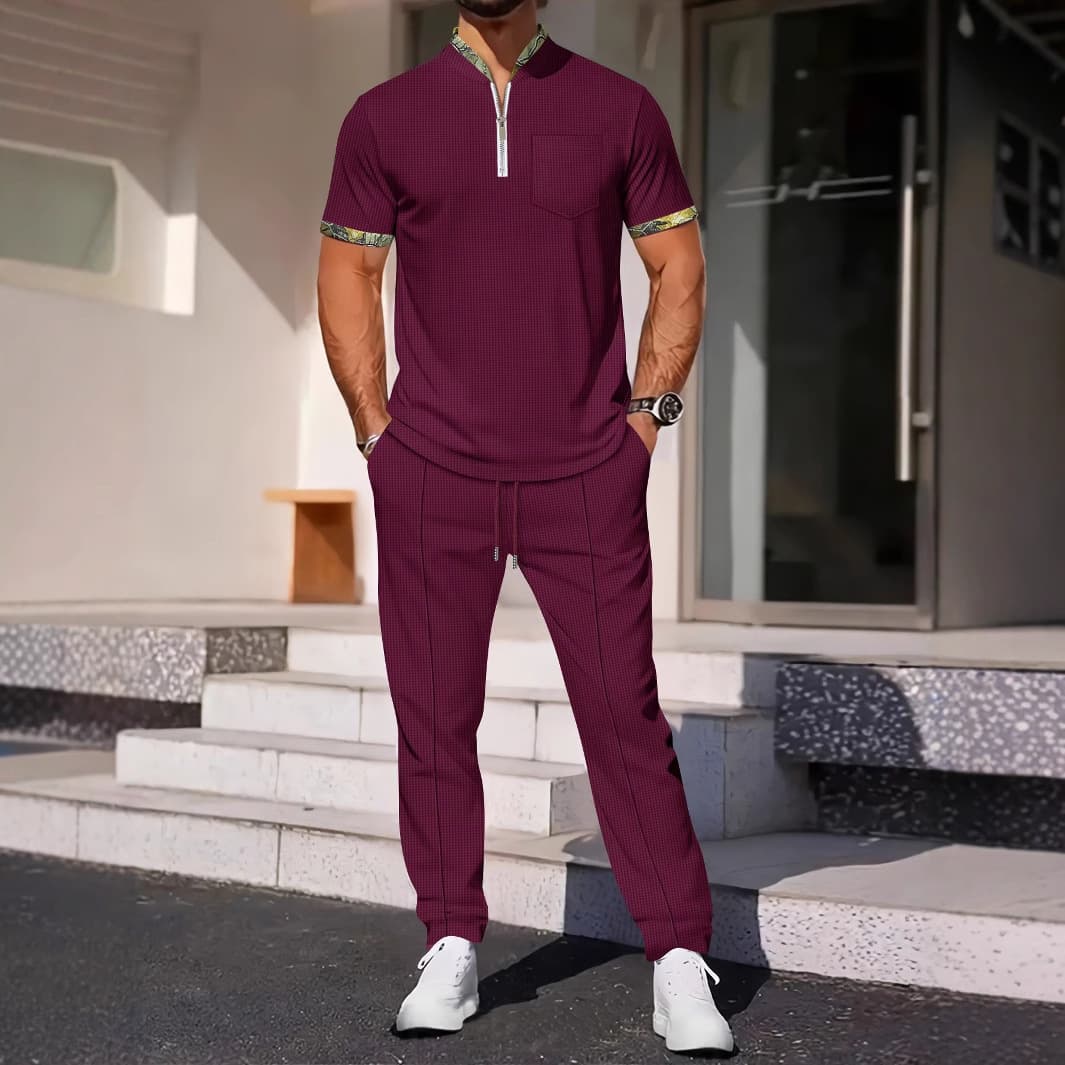 Men's New Waffle Collar Zipper Color Matching Short Sleeved Trousers Casual Sports Suit