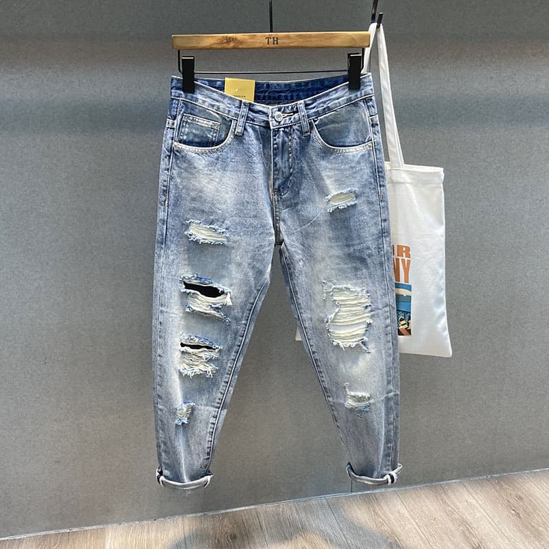 ​​Men's Distressed Loose Fit Denim Jeans Straight Leg Nine-Part Harem Pants Spring 2024 Trendy Streetwear Casual​​