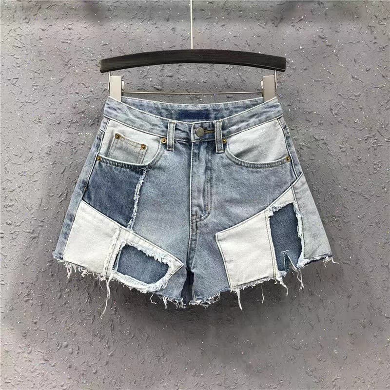 Women's Personalized Stitching Contrast Color Denim Shorts Women 2024 Summer New Beggar Pants Loose Versatile Wide-leg Hot Pants Trend