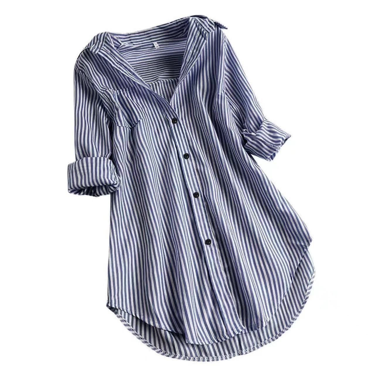 Chic striped long-sleeved bottom collar loose shirt women
