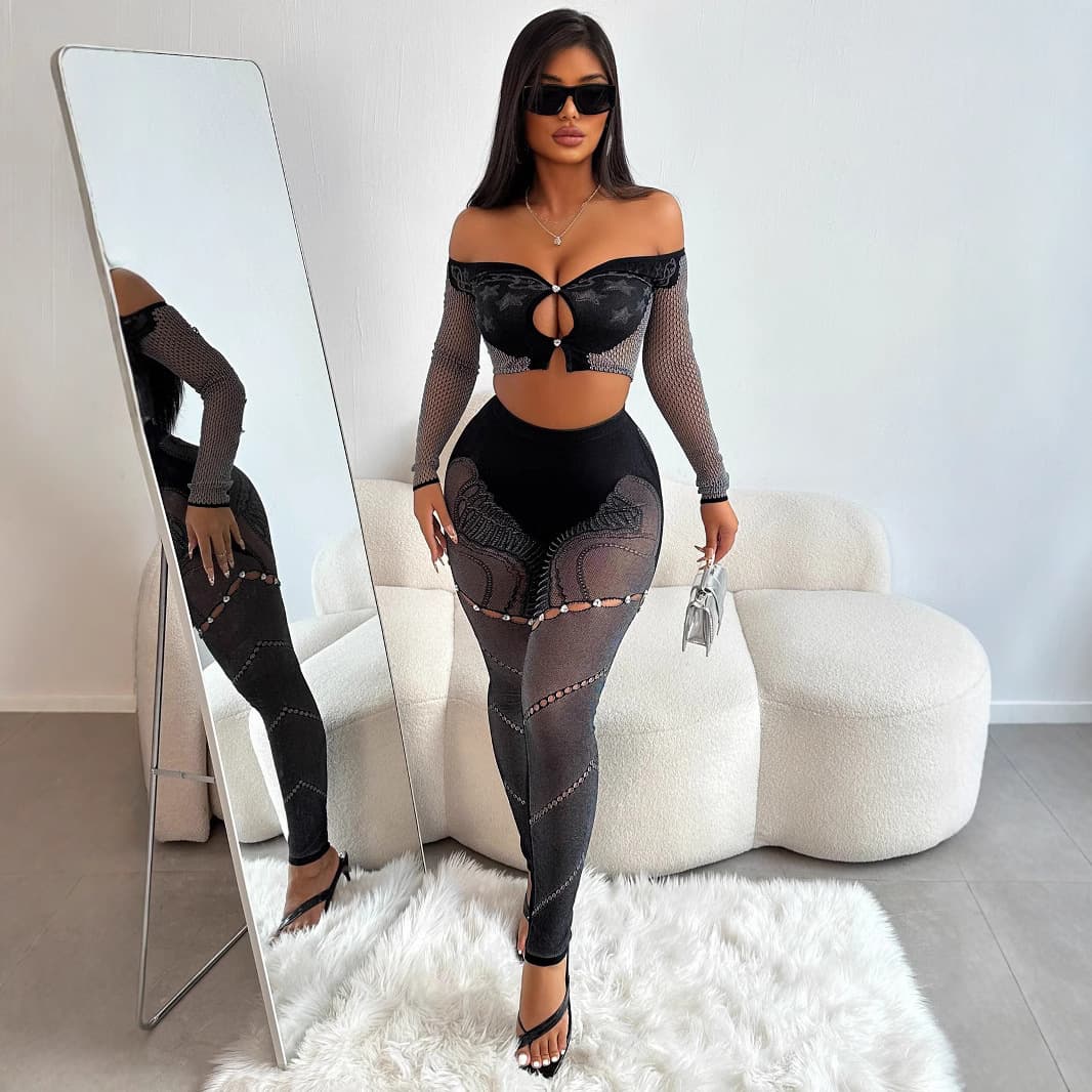 Elegant One-Shoulder Long Sleeve Crop Top & High-Waisted Pants Knit Set With Rhinestone Detail – Sexy Casual Outfit For Women