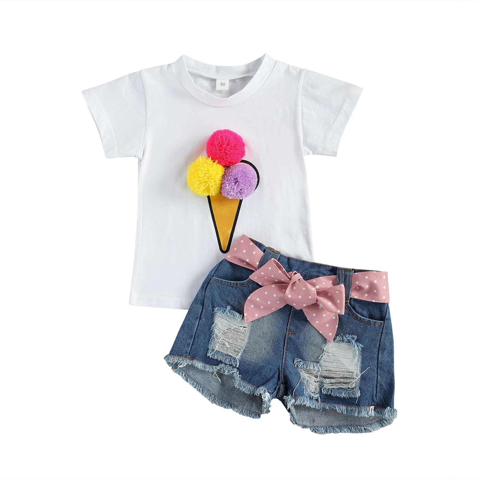 Mother & Kids Foreign trade children's clothing for girls, white fur ball round neck short-sleeved T-shirt, ripped denim shorts, summer girls suit