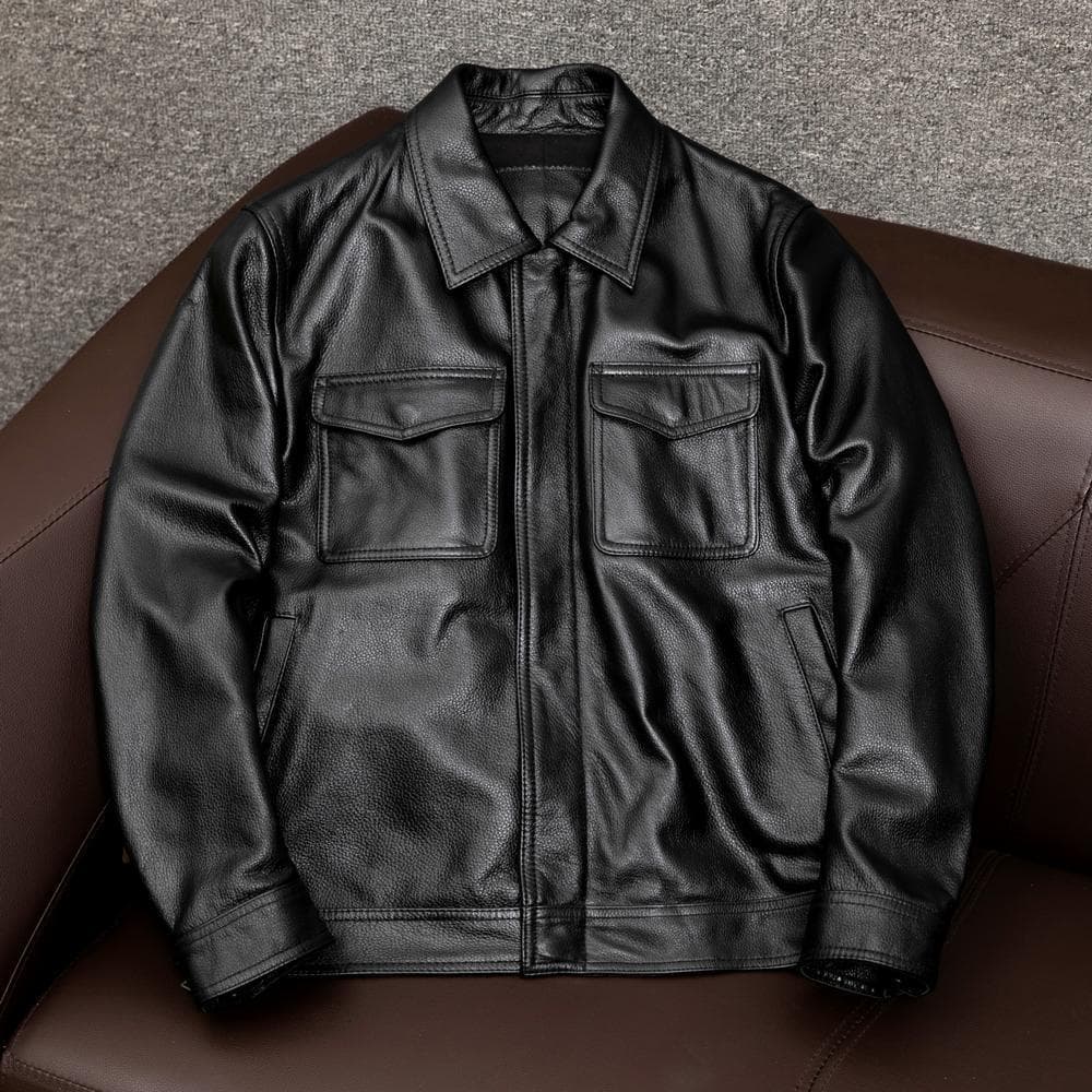 Men's Faux Leather Jacket With Cotton Lining, Relaxed Fit Double Breasted Bomber Coat For Casual Wear (Black/Brown, Thin/Thick Options)​