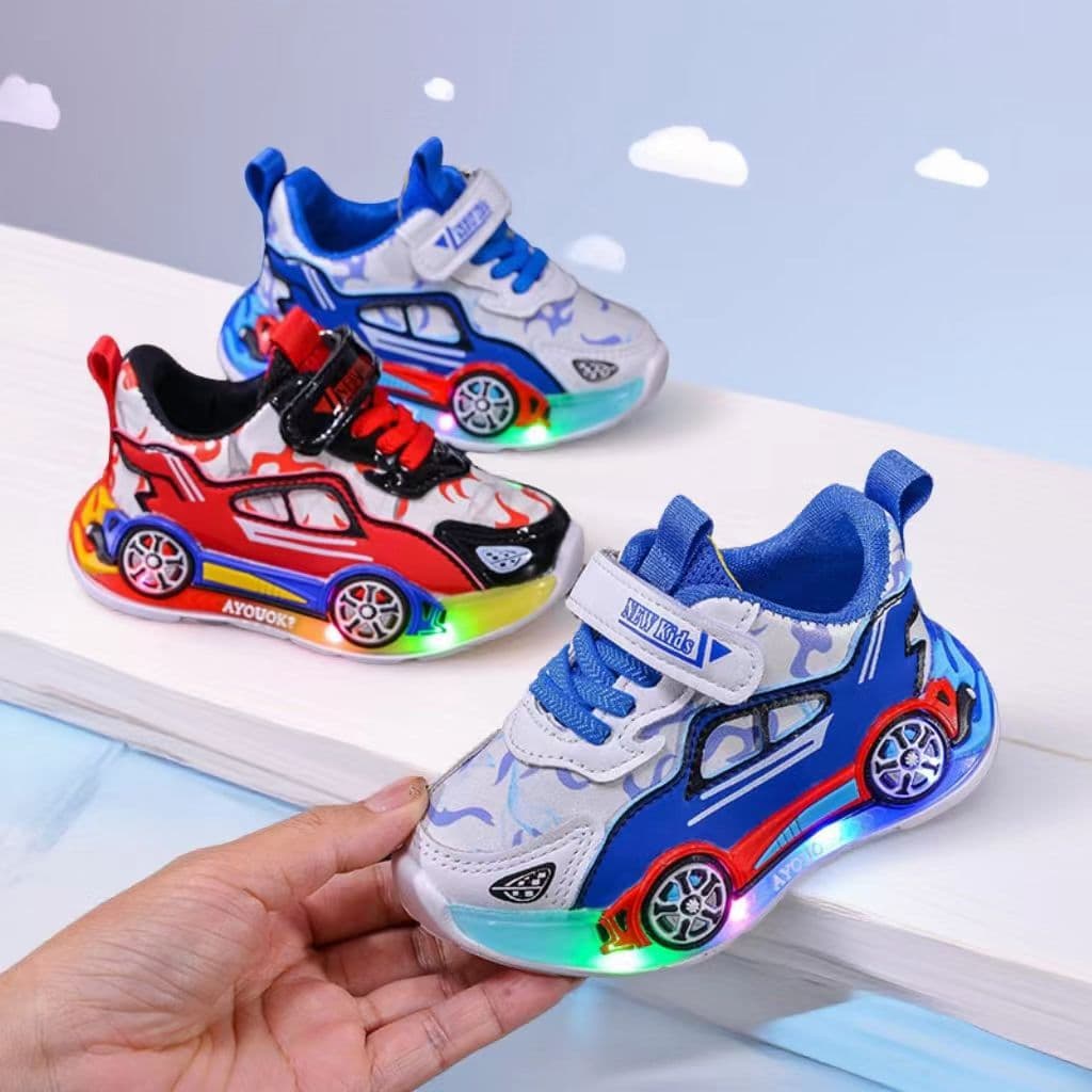 Glow In The Dark Kids Sneakers With Led Lights - Cartoon Car Design, Breathable Pu Leather, Non-Slip Sole For Boys & Girls (Blue/Red, Sizes 21-30)​