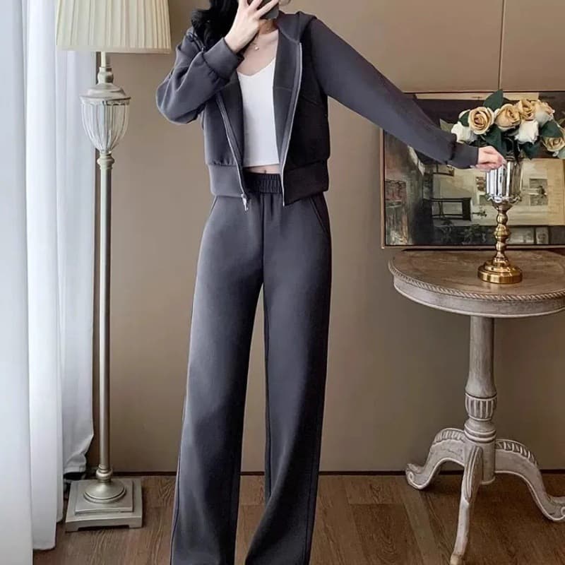 Elegant Beige Women's Tracksuit Set - Stylish Zip-Up Hoodie With Wide-Leg Pants, Autumn Casual Outfit (S-3XL, Gray Option)