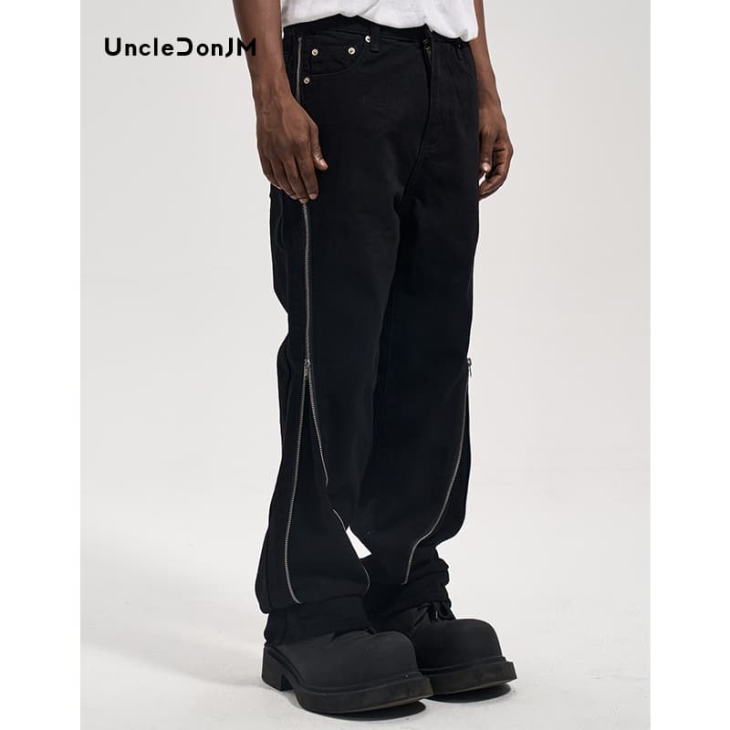 Double Open Large Zipper Jeans For Men Casual Loose VIBE Style Mopping Jeans Hip Hop Baggy Jeans Black Denim