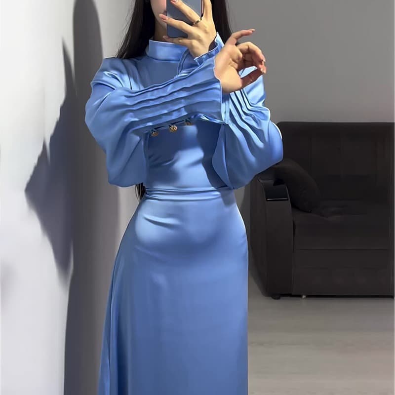 Women's spring new solid color long-sleeved slim-fitting dress for women