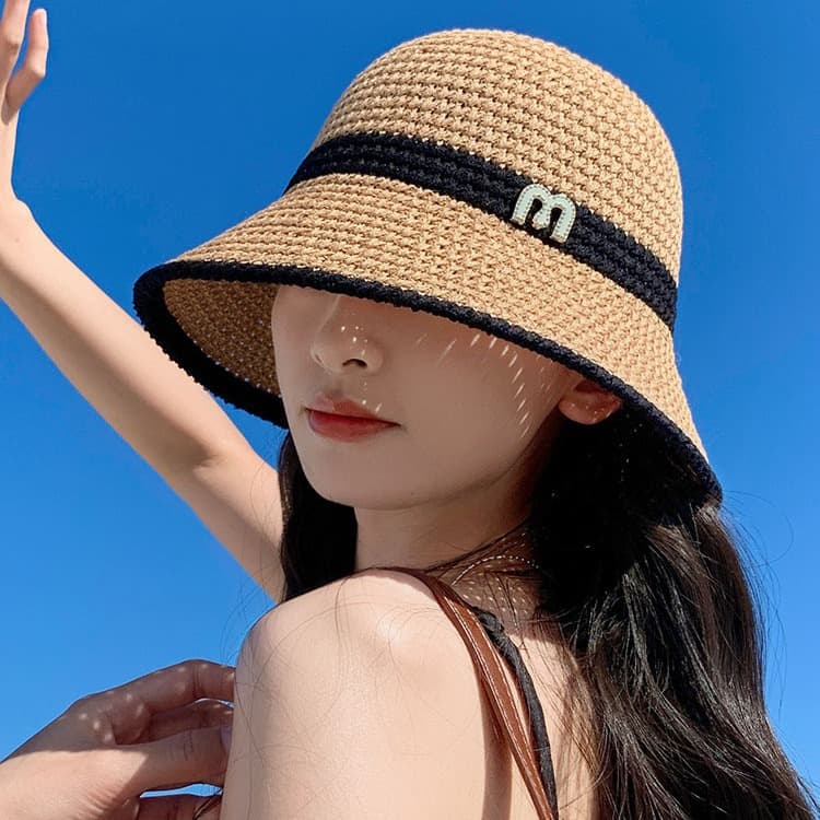 Summer Knitted Hollow Breathable Fisherman Female Letter Versatile Casual Sunshade and Sunscreen Thin Bucket Hat