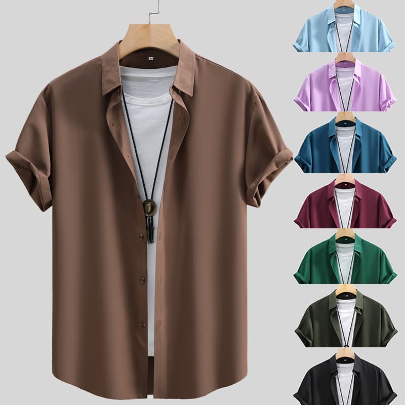 Men's Clothing Short-sleeved Shirt Solid Color Pure Color Men's Clothing Four-sided Stretch Men's Shirt Summer Tan 2024 New Cross-border