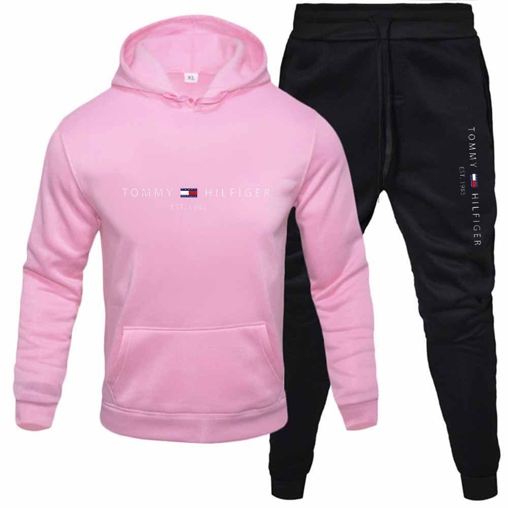PQ Automne Hiver Hommes Pull Plus Polaire À Capuche Costume Imprimé Couleur Unie Pull Sport Ensemble 2 Pièces