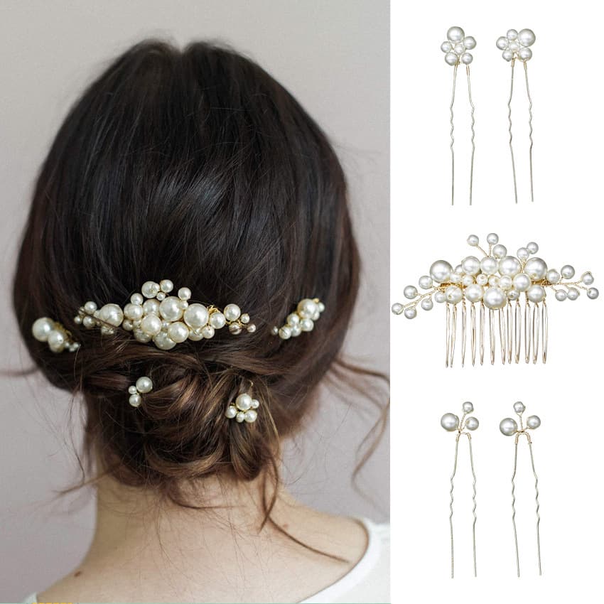 Retro Baroque large pearl hair fork bridal hairpin hair comb hair plug European design wedding headdress hair accessories set