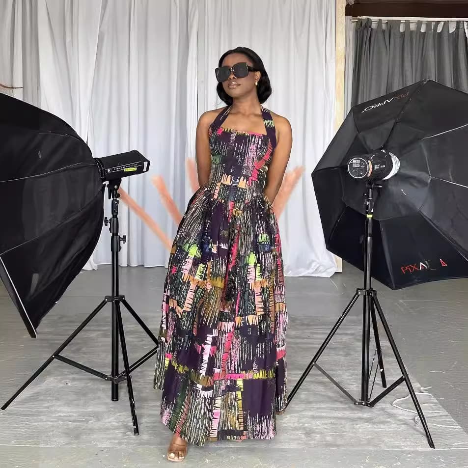 Women's Clothing printed halter neck waist loose large skirt dress