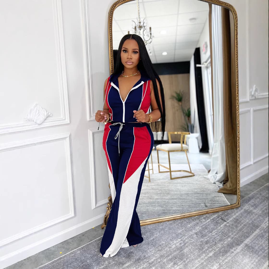 Women's Clothing Polyester Mesh Jersey Cloth Splicing Hooded Drawstring Sleeveless Trousers Suit Two Piece Suit
