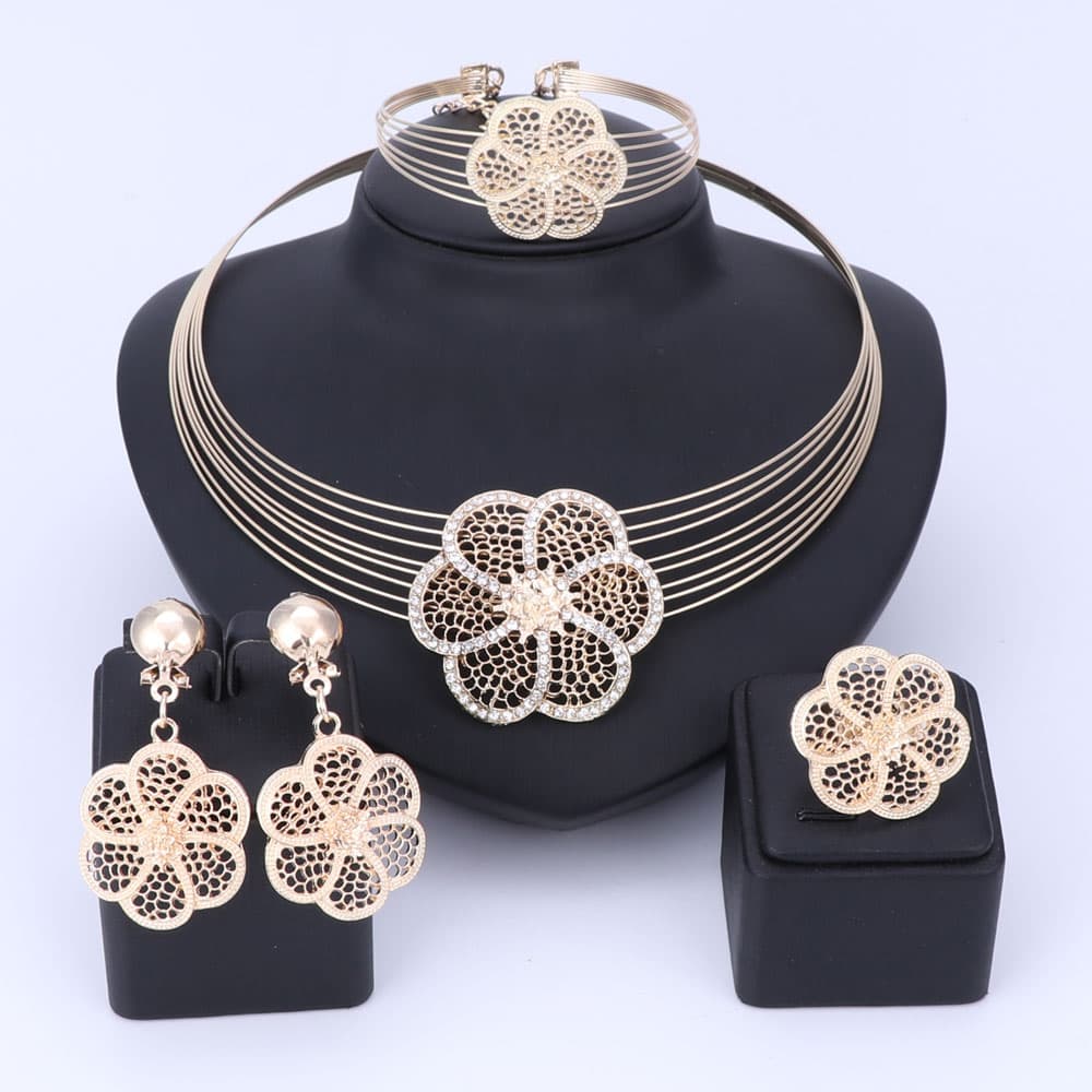 African Beads Crystal Jewelry Set Fashion Wedding of Women Dubai Gold Color Necklace Earrings Bangle Ring