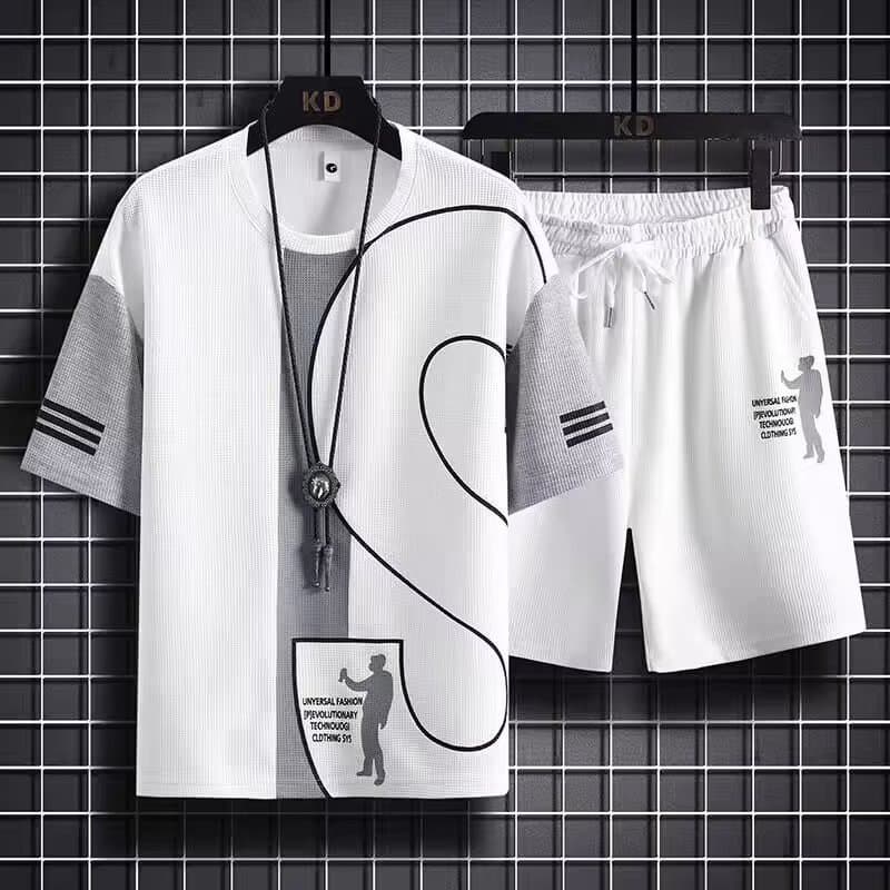 Men's Clothing 2024 Trendy Waffle Short-sleeved T-shirt Men's Thin Summer High-end Fashion Trend Sports Leisure Suit