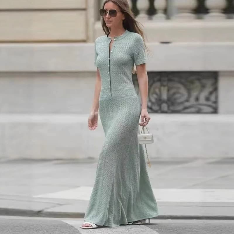 Summer Knit Dress With Lace Design Elegant A-Line Long Dress For Women​​ Versatile Styling ​​Multiple Color Options