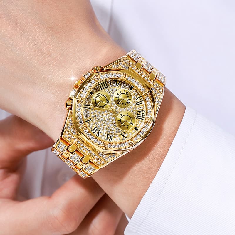 Explosive New HOT Watch Factory Direct Foreign trade high-grade diamond three-eye set full diamond silver powder