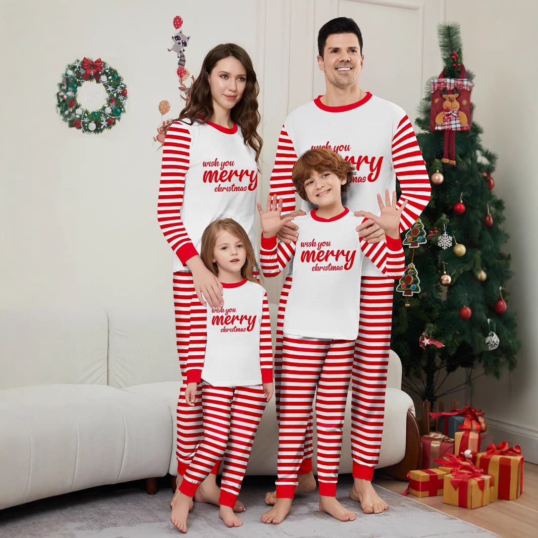Christmas Red and white striped letter color matching Christmas family dress printed home dress pajamas