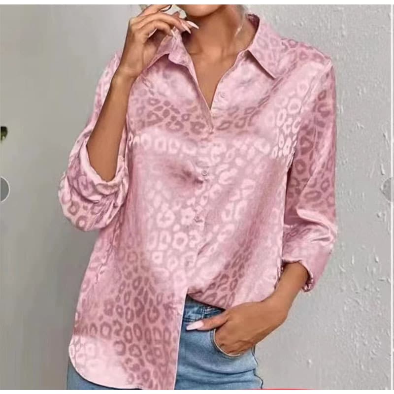 Women's Clothing Long-sleeved Lapel Elegant Satin Jacquard Leopard Print Shirt