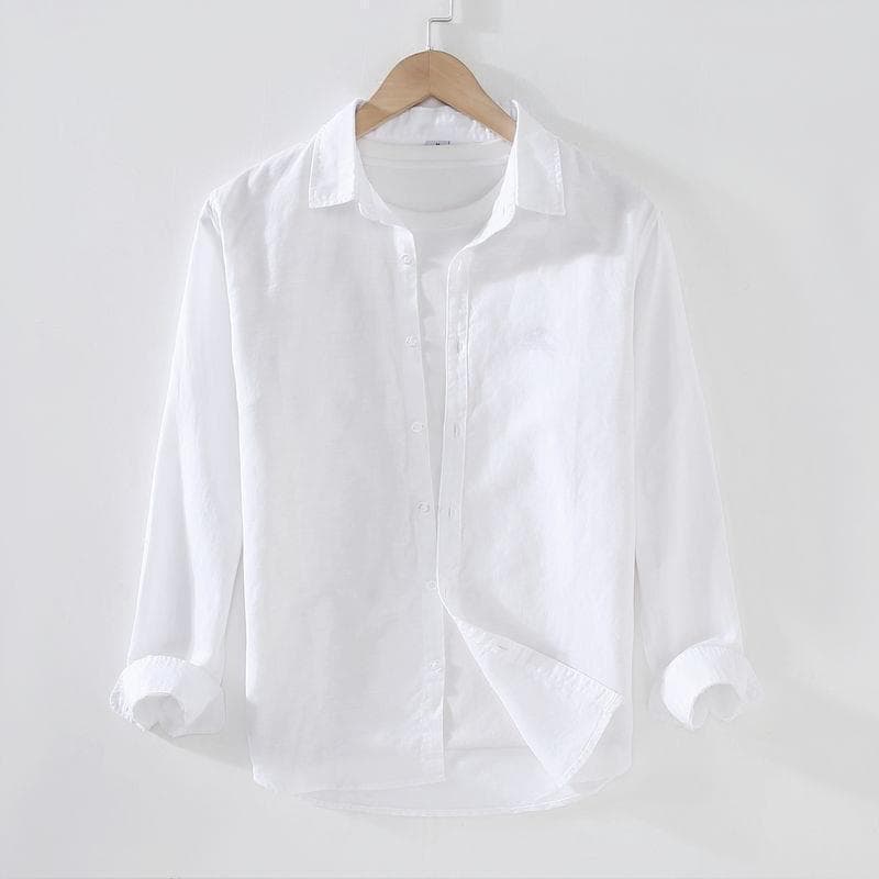 Men's Thin Cotton-Linen Long Sleeve Shirt Casual Loose Fit White Inner Layer Trendy Spring Autumn Shirt