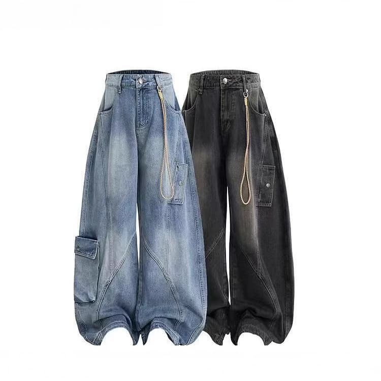 Loose Fit Distressed Jeans With Multiple Pockets, Straight Leg Wide Pants For Men & Women​ Functional Multi-Pocket Design