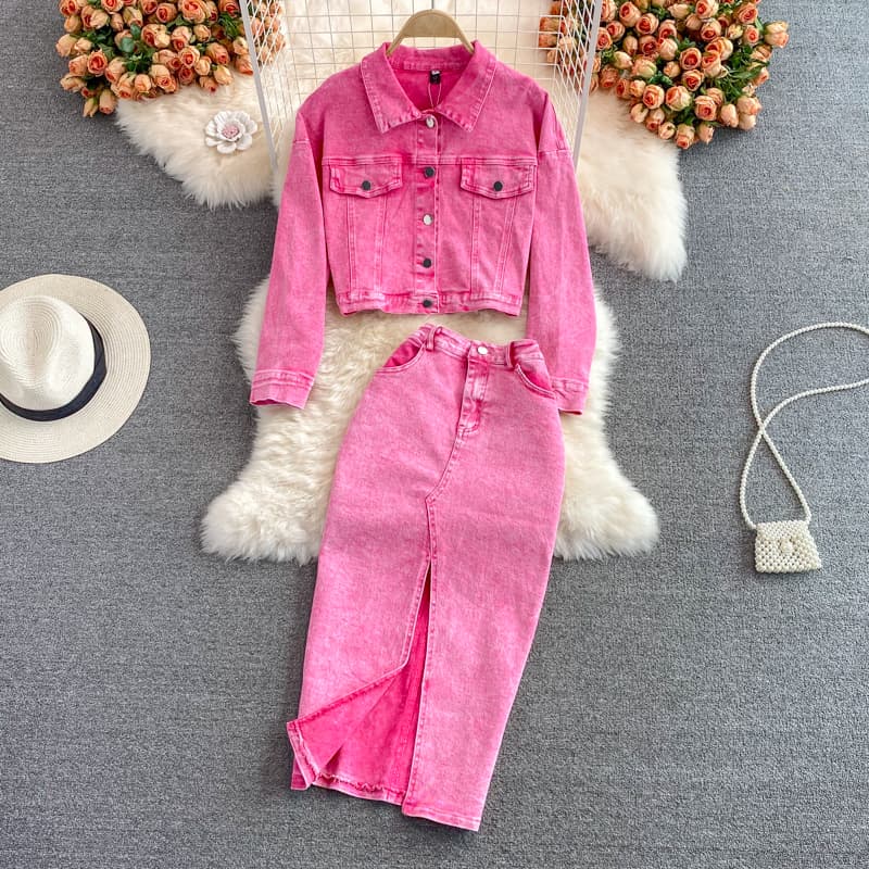 Women's Clothing Pink denim jacket short women's loose jacket top two sets