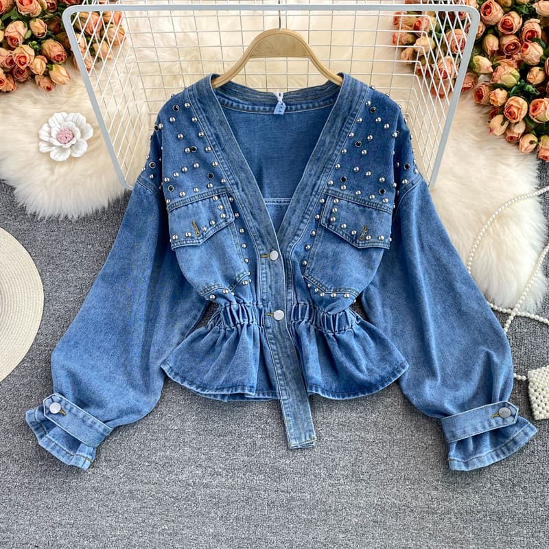 Women's autumn loose bf fashion versatile beaded V-neck short waist top