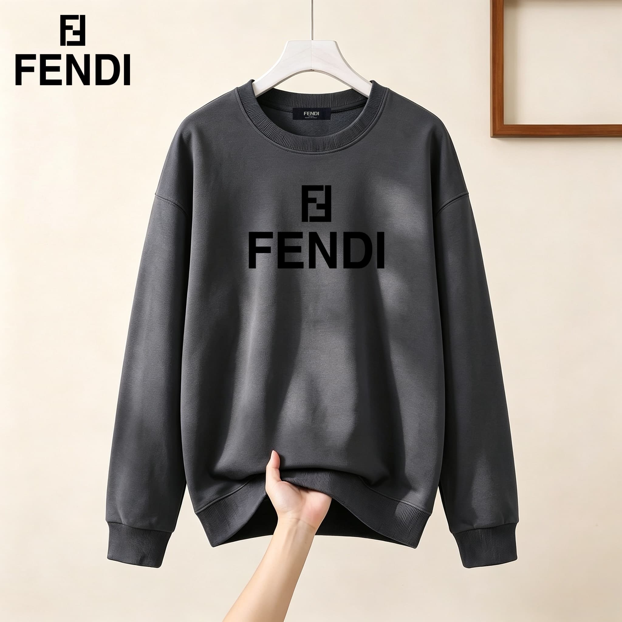 Sweat-shirt homme à col rond et manches longues avec logo FF et imprimé lettres noirs