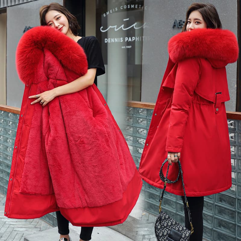 2020 For Women, Mid-Length, Thickened, Korean Style, Slim Fit, Hooded, Large Fur Collar, Down Coat, Plus Size Cotton