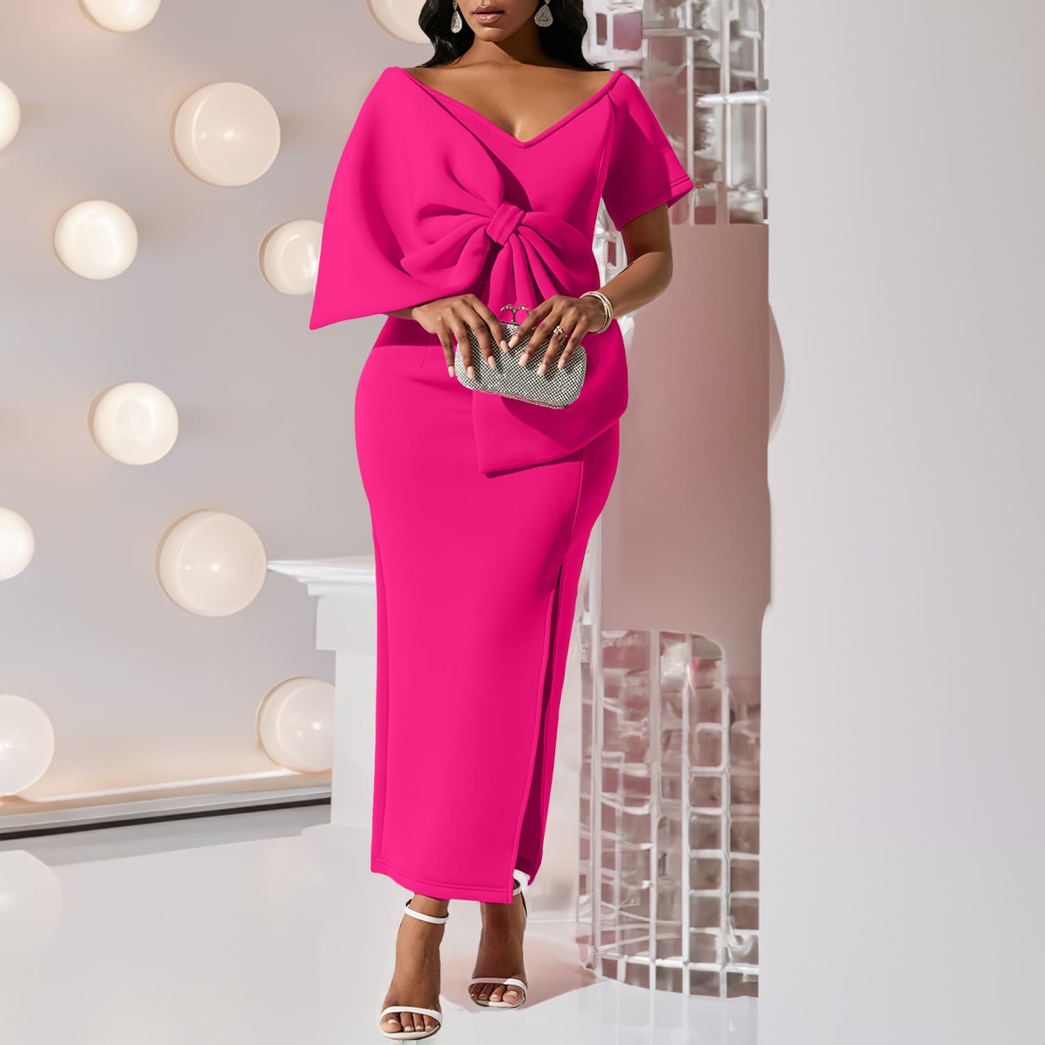Women's Fashion Solid Color Sexy Big Bow Splicing Split Party Dress Dress Dress
