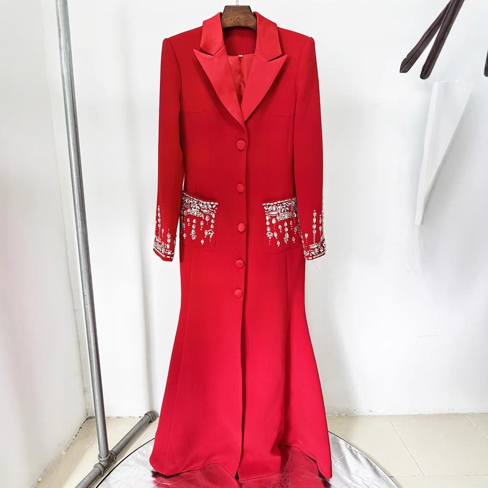Women’s Clothing Star Fashion Heavy Beaded Diamond Suit Collar Dress Dress Fishtail Long Skirt