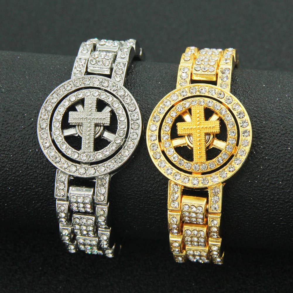 Personalized creative hip hop rotatable cross watch chain bracelet bracelet men's domineering full diamond bracelet