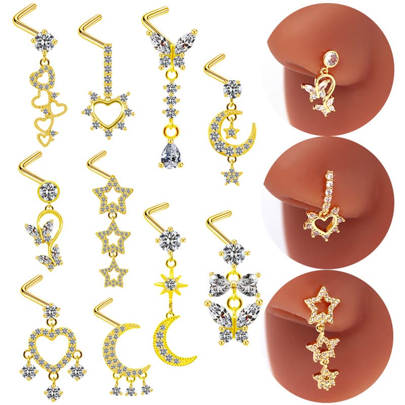 gatte European and American cross-border diamond heart-shaped nose nail moon five-star pendant nose nail piercing nose nail nose stud