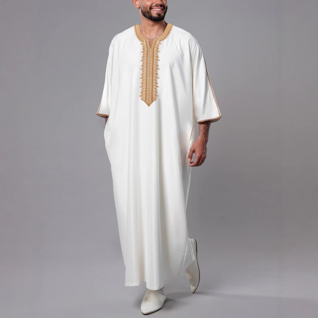 Men's Clothing Muslim Mid Sleeve Embroidered Robe Ethnic Style Moroccan Men's Robe Side Pockets