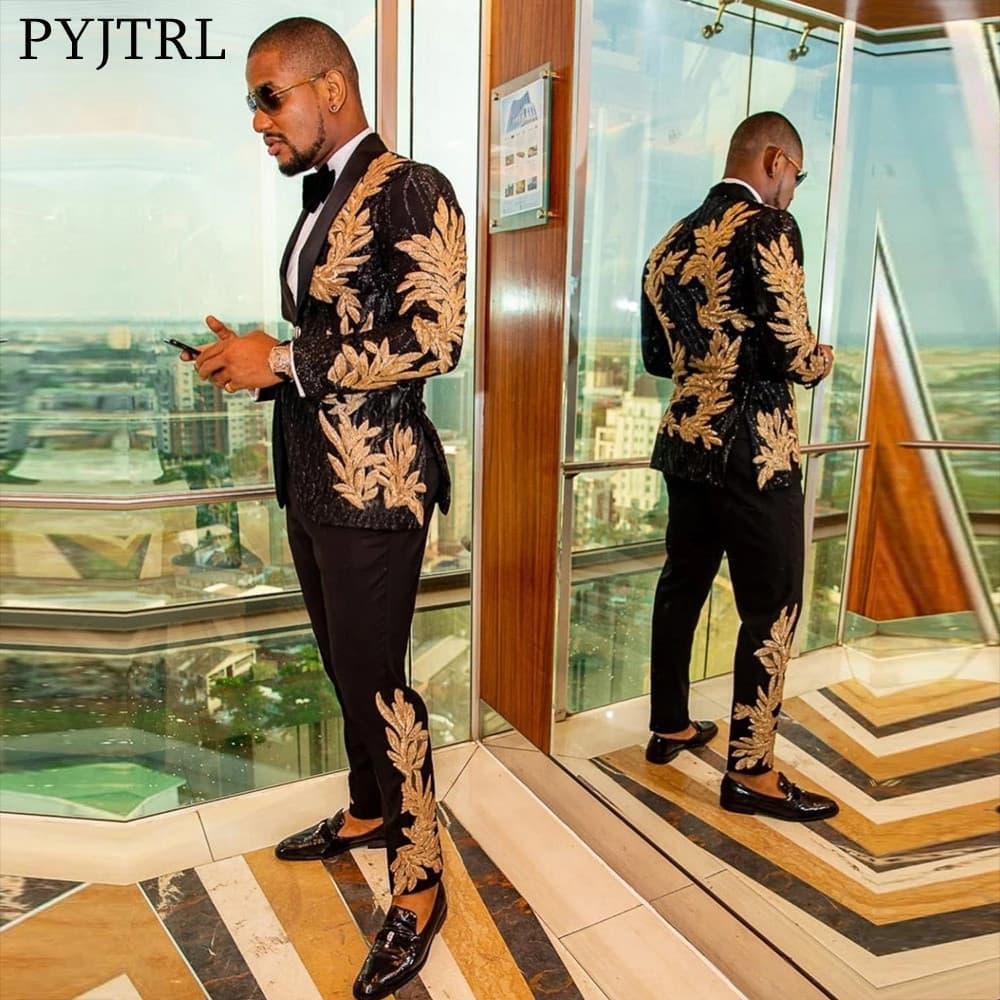 Men's Clothing Men's High-Quality Gold Sequin Applique Suit Suit Casual Blazer Singer Performance Costume