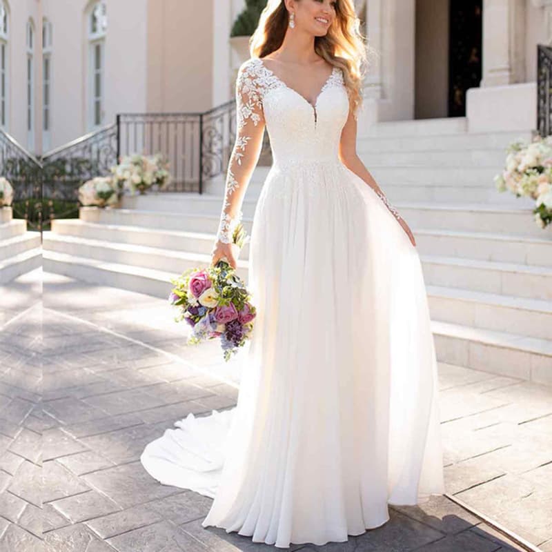 Women's Clothing Wedding Dress Light Luxury New Summer Hot Sale Lace Applique Deep V Neck Transparent Long Sleeve Main Wedding Dress