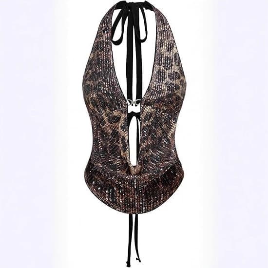 Women's Clothing Style Leopard Print Halter Top With Sequins – Crisscross Backless Crop Top For Women (XS-XL, Multiple Colors)​​