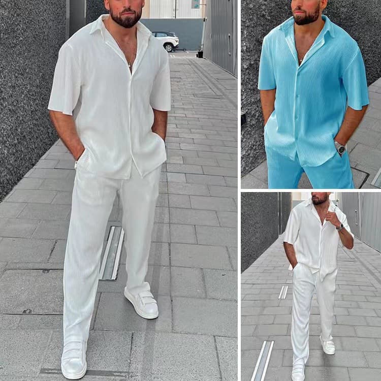 Men's Clothing casual loose beach wear solid color striped short-sleeved suit men's shirt two