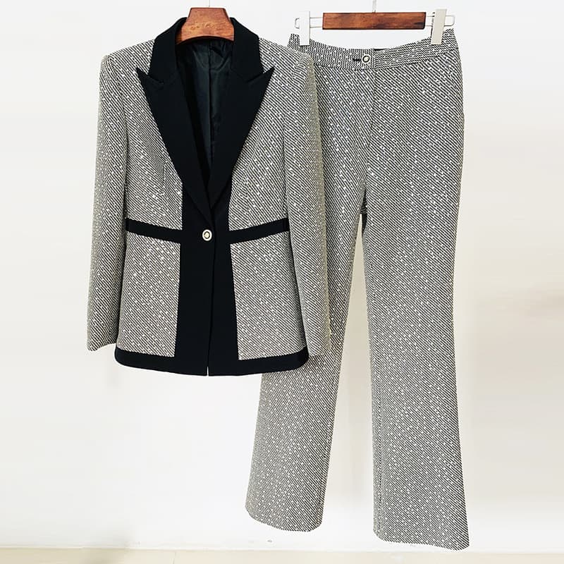 Women's Temperament Sequin Small Check Color Matching Suit Trouser Two-piece Set