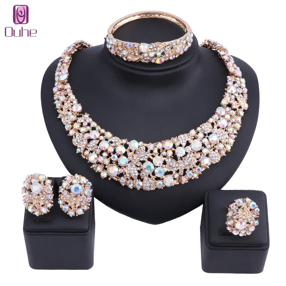 Women Party Bridal Fine AB Rhinestone African Beads Jewelry Sets For Wedding Party Necklace Earring Bangle Ring