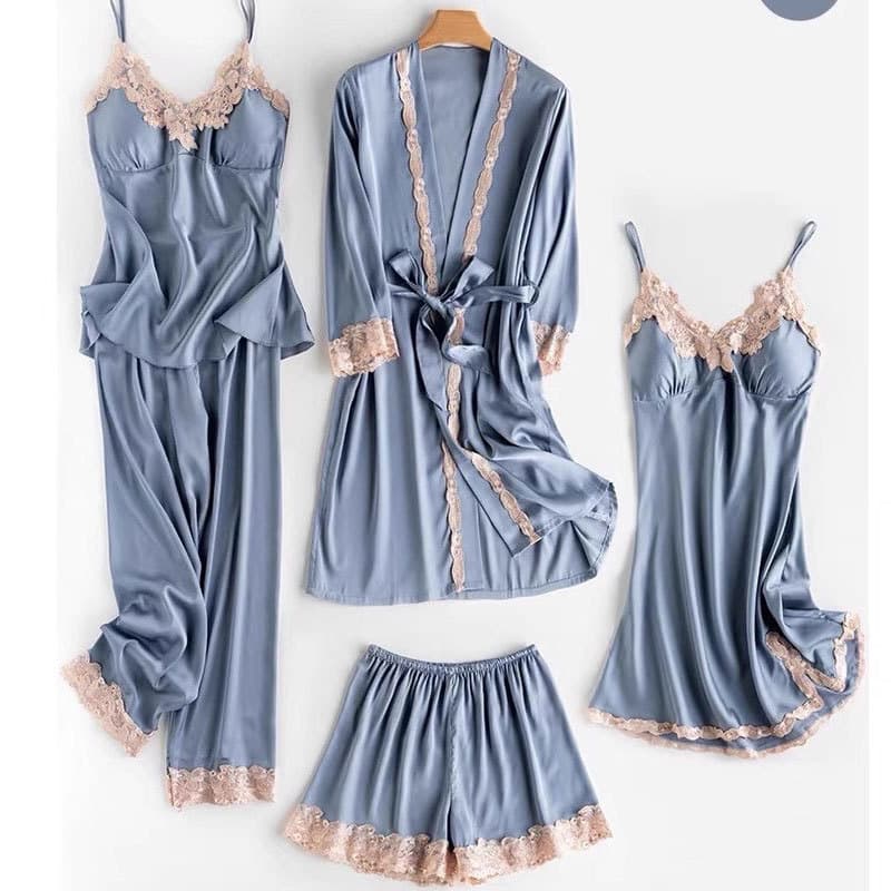 Underwear & Sleepwears Elegant Satin Pajama Set For Women - 5-Piece Sleepwear With Robe, Loungewear & Nightgown, Breathable & Comfortable