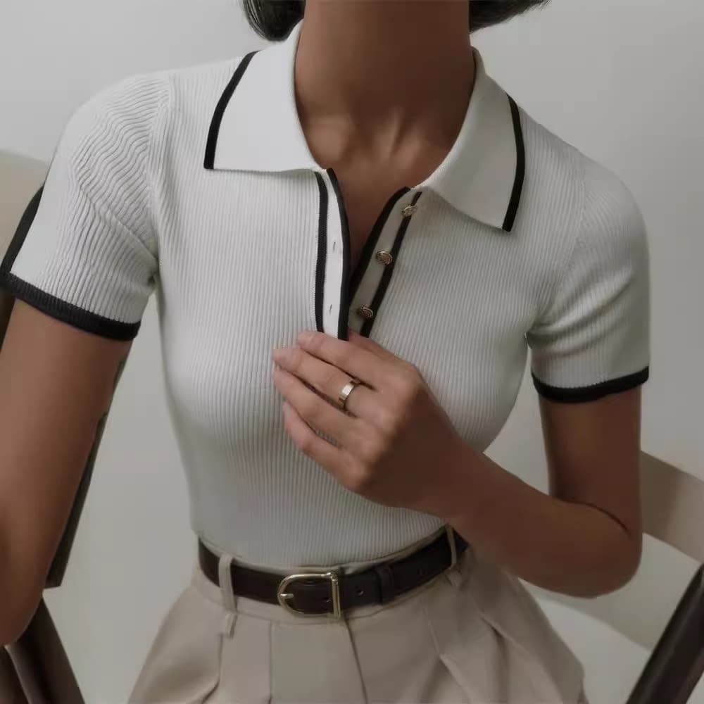 Women's Clothing Slim fit short sleeved lapel top new thread tight contrast color