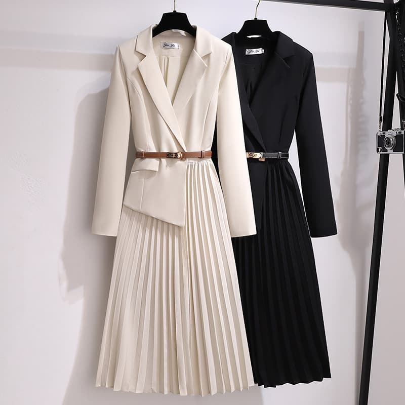 Women's Clothing Autumn New Blazer High End Sophisticated Two Piece Long Sleeved Pleated Dress