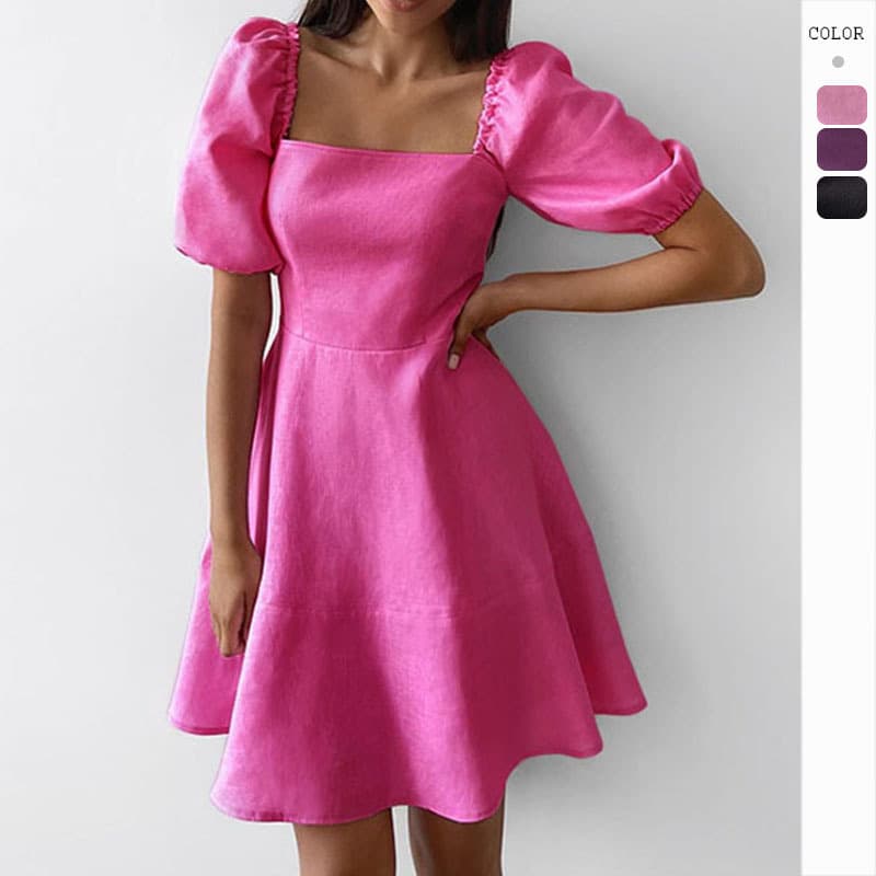 Women's Temperament Square Neck Short Sleeve High Waist Slim Dress Skirt