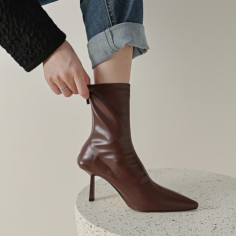 Soft, Soft, Huge, Comfortable, Brown Pointed, Slim, High-heeled, Skinny, Elastic Socks, Boots, Sexy Women's Short Boots