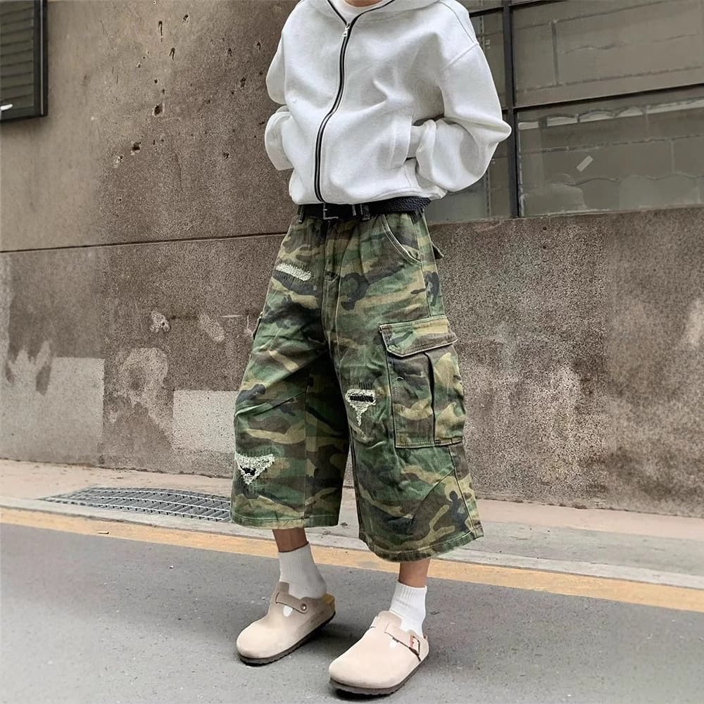 Men's Clothing Washed Damaged Old Camouflage Shorts For Men And Women Summer High Street Fashion Brand Handsome Seven Point Overalls