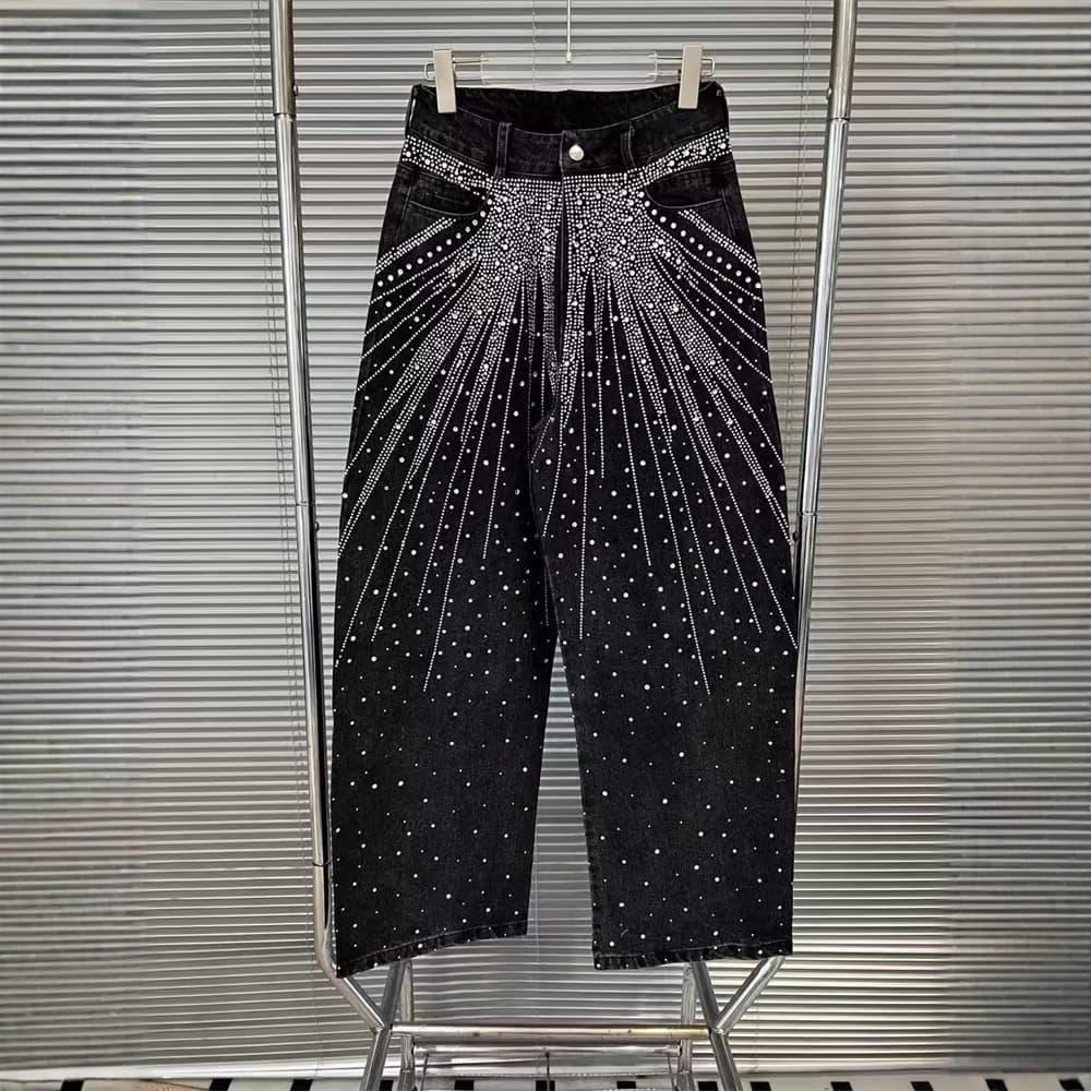 ​​"Vintage Star-Studded Jeans – Distressed Washed Denim With Rhinestone Embellishments (Relaxed Straight Fit, High Waist, Unisex Streetwear)"​​